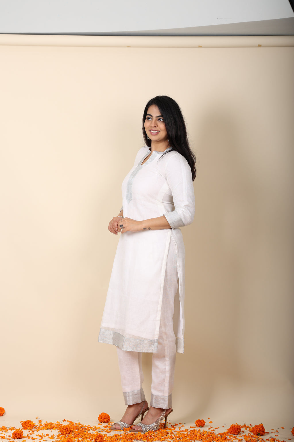 Linen Zari Coord Set White