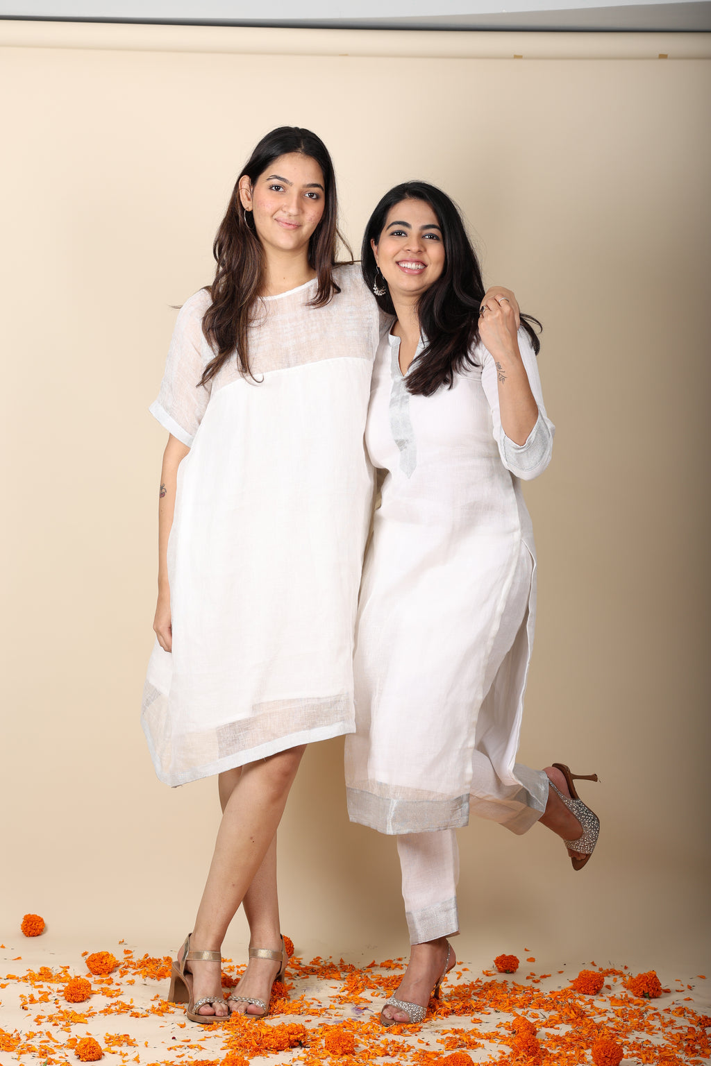 Linen Zari Dress | Elegant White Zari Border Dress for Women