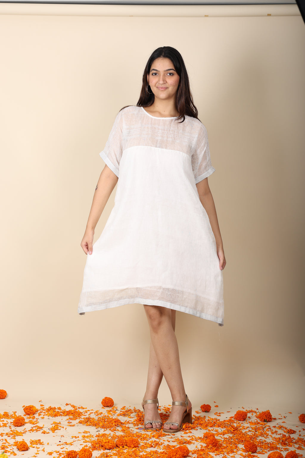 Linen Zari Dress | Elegant White Zari Border Dress for Women