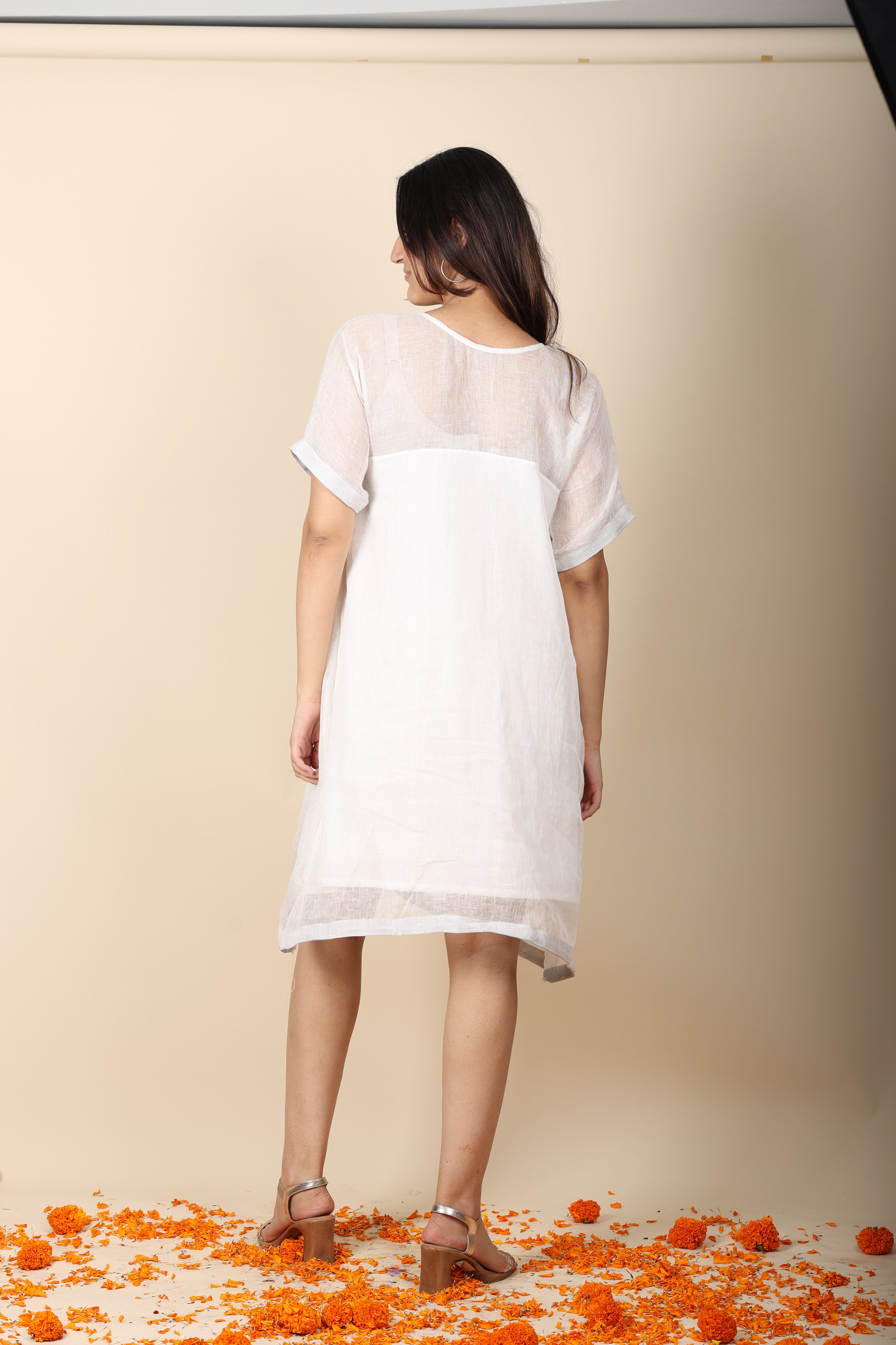 Linen Zari Dress | Elegant White Zari Border Dress for Women