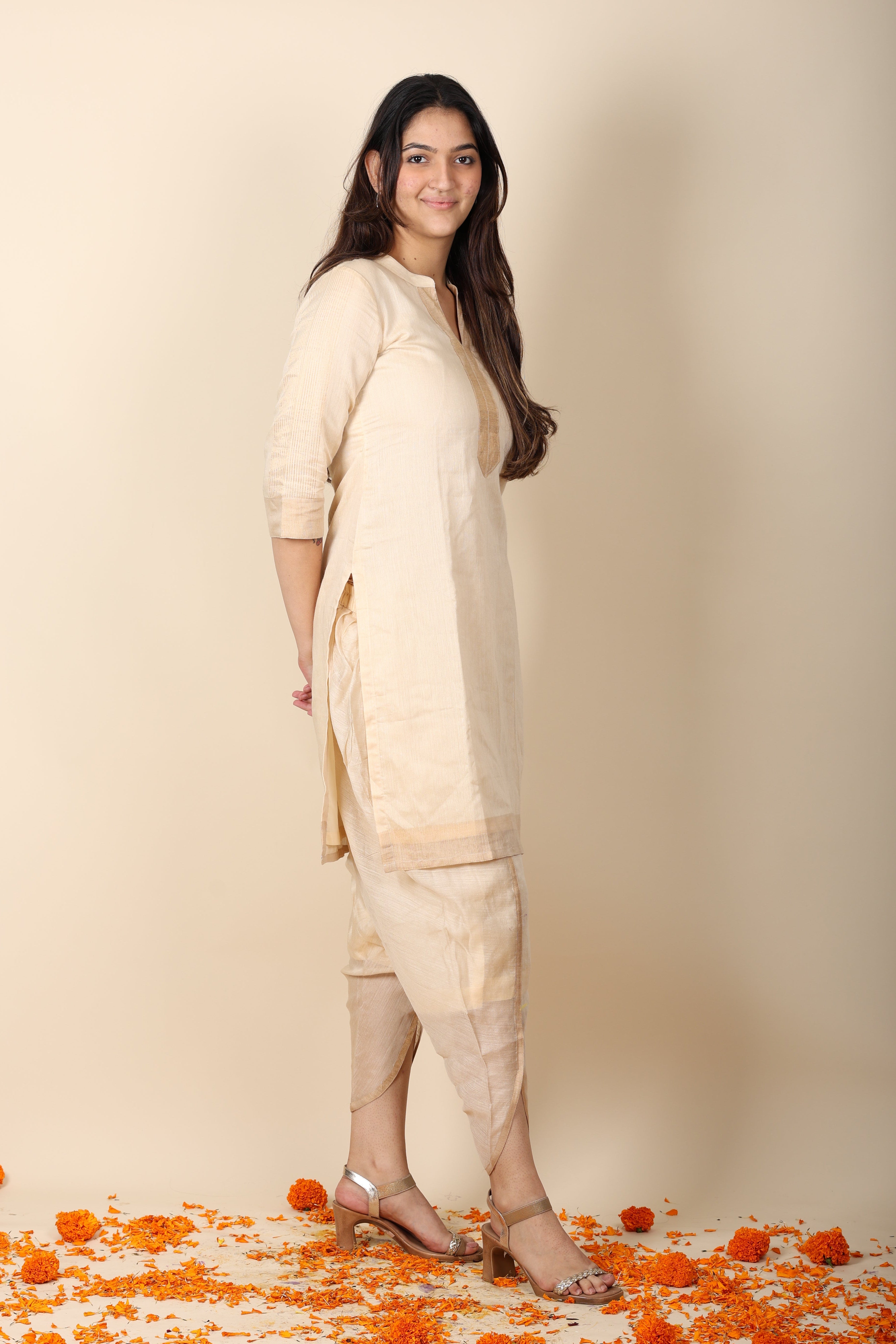 Muga Zari Stripe Coord Set | Elegant Ethnic Kurta & Bottom Set