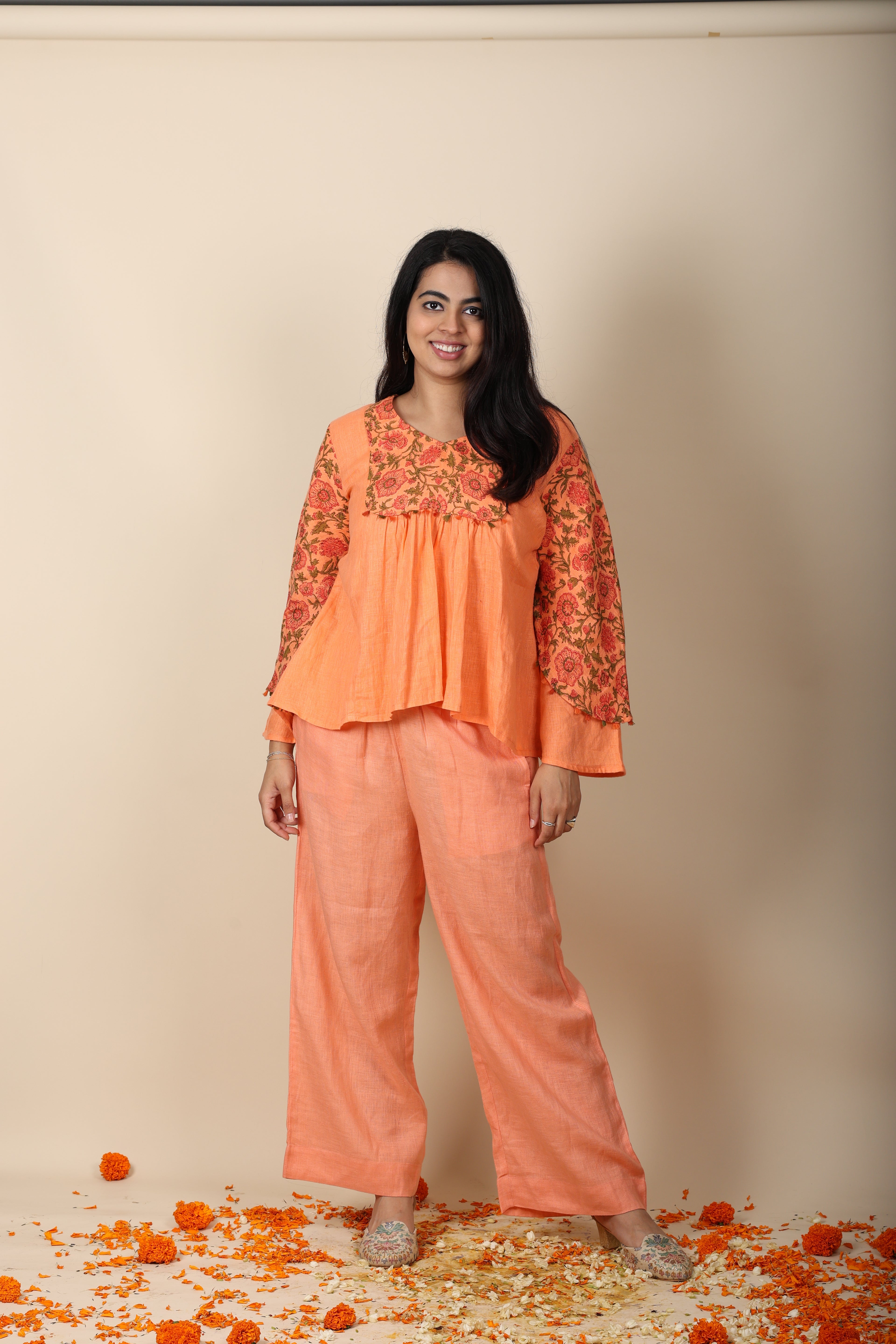 Orange Block Printed Linen Top