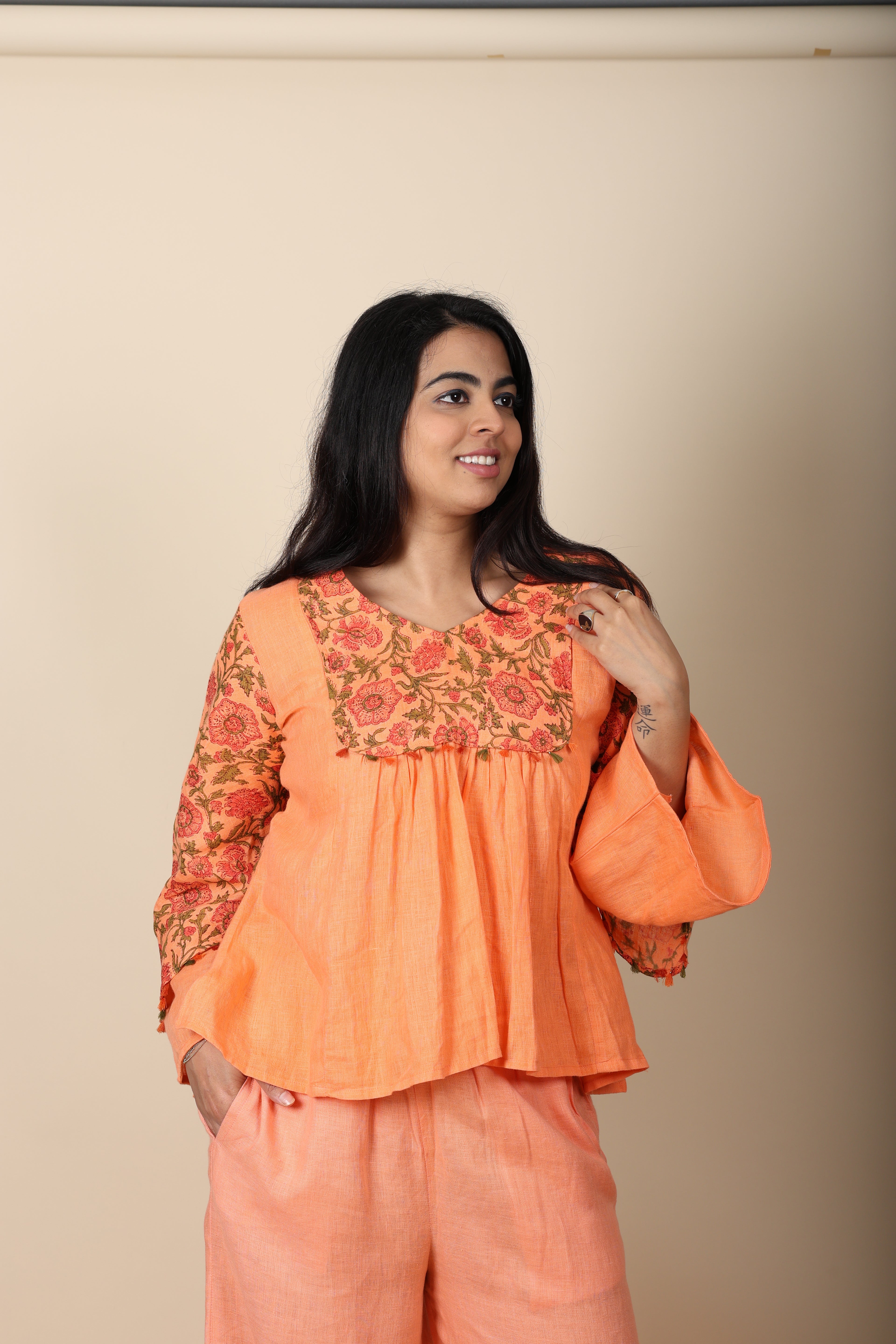 Orange Block Printed Linen Top