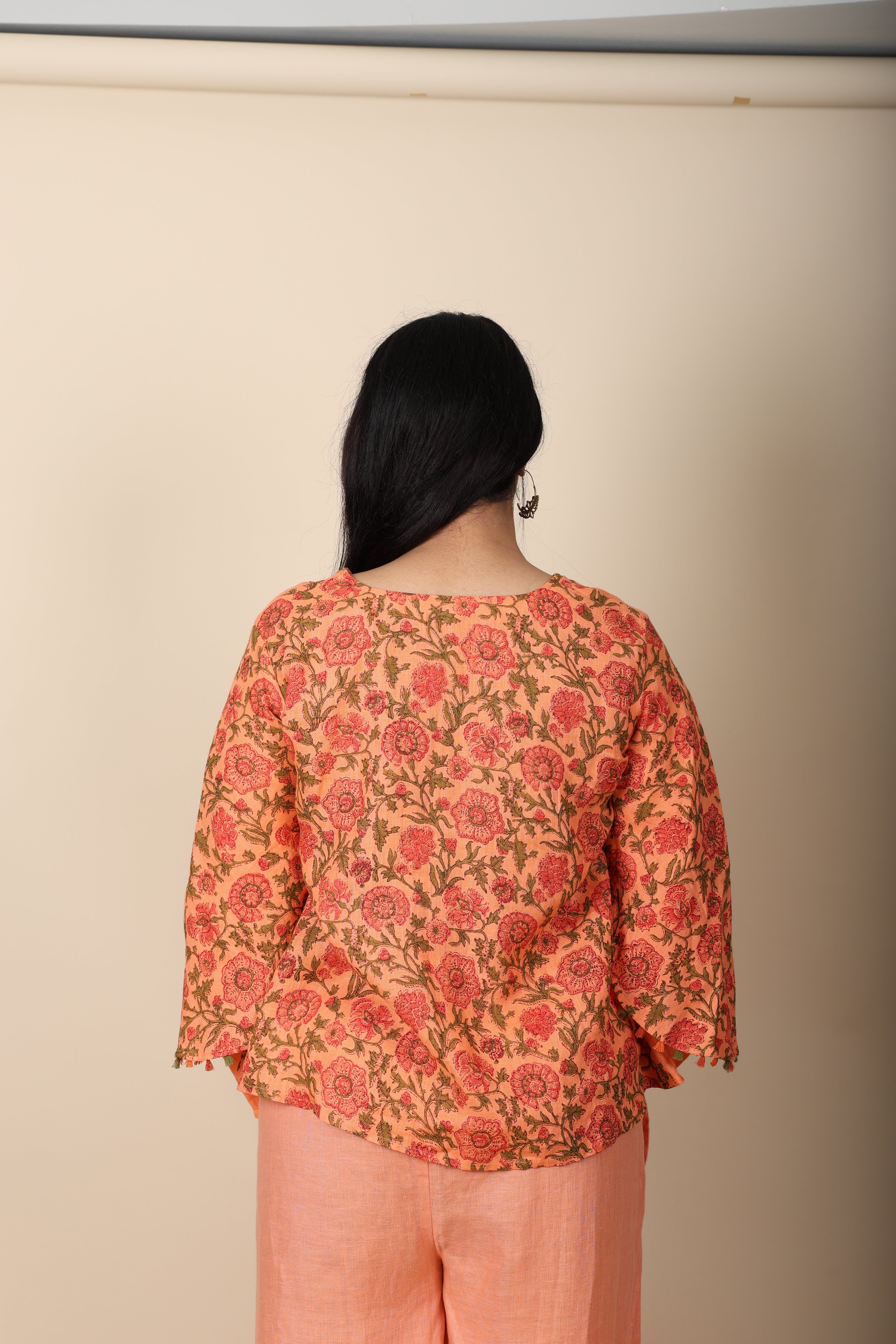 Orange Block Printed Linen Top