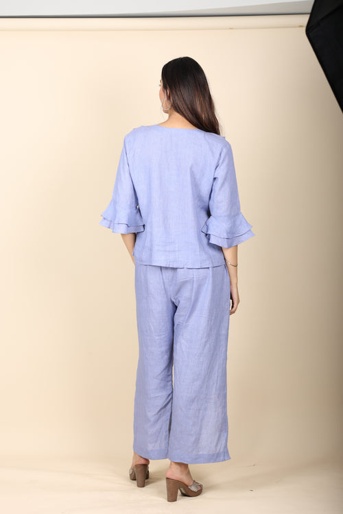 Blue frill top and cut pants