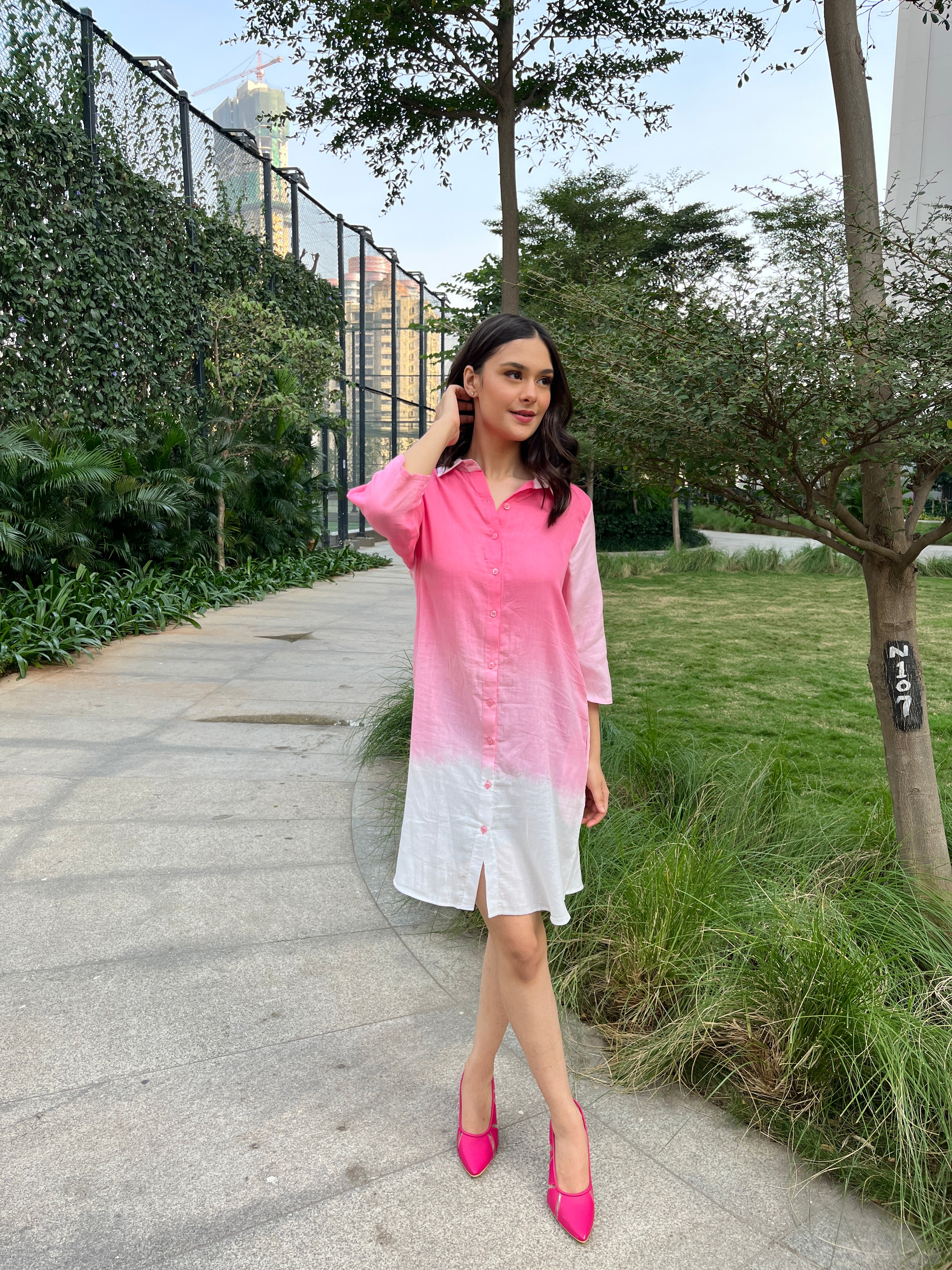 Pink Ombre Cotton Shirt Dress
