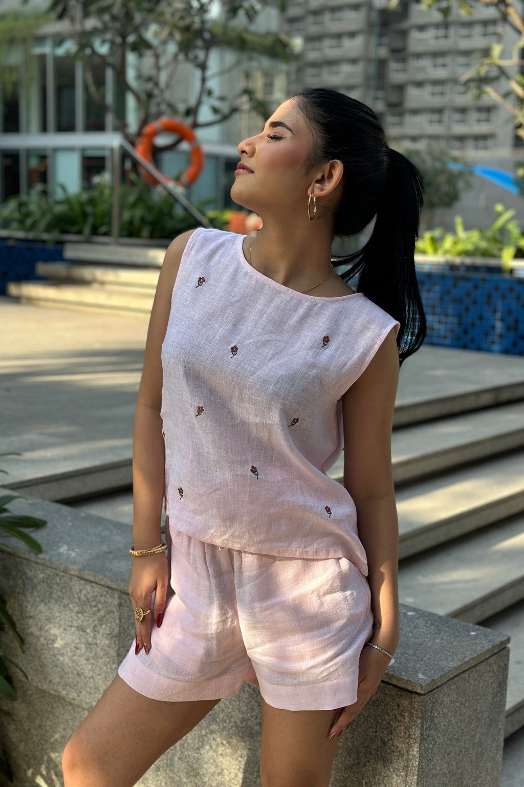 Linen Flower Co-ord Set  Pink  100% Linen Summer Two-Piece