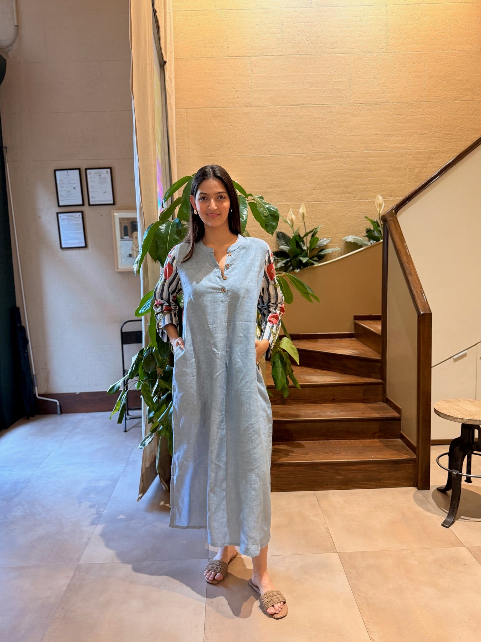 Powder Blue Accent Linen Dress