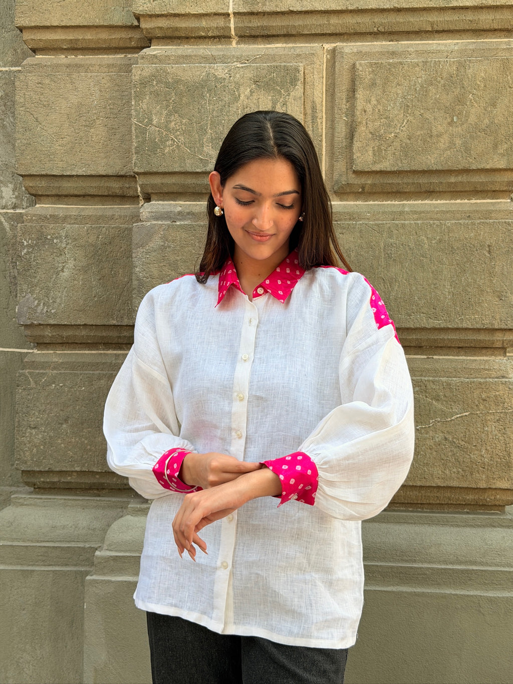 Gulabi Linen Bandhani Shirt