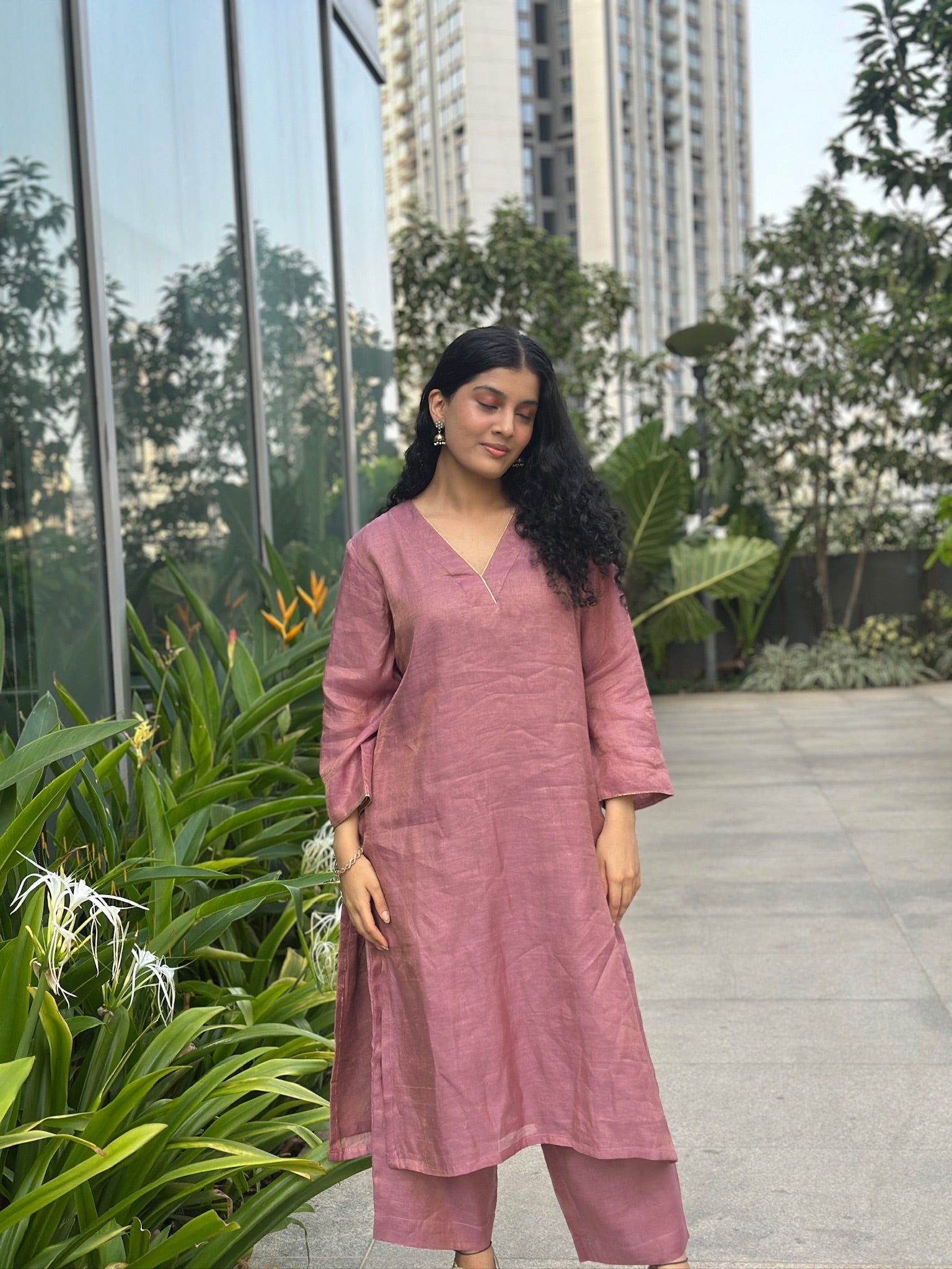 Purple V neck kurti set