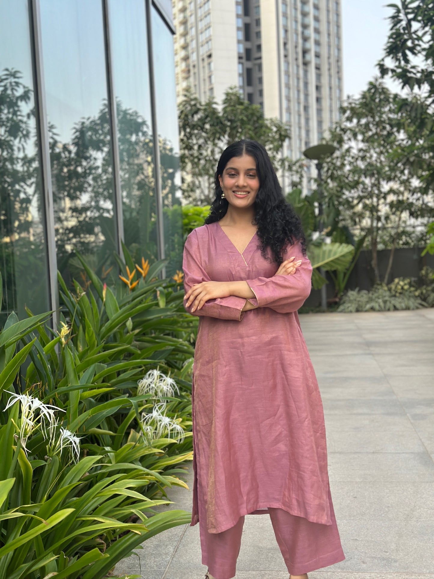 Purple V neck kurti set