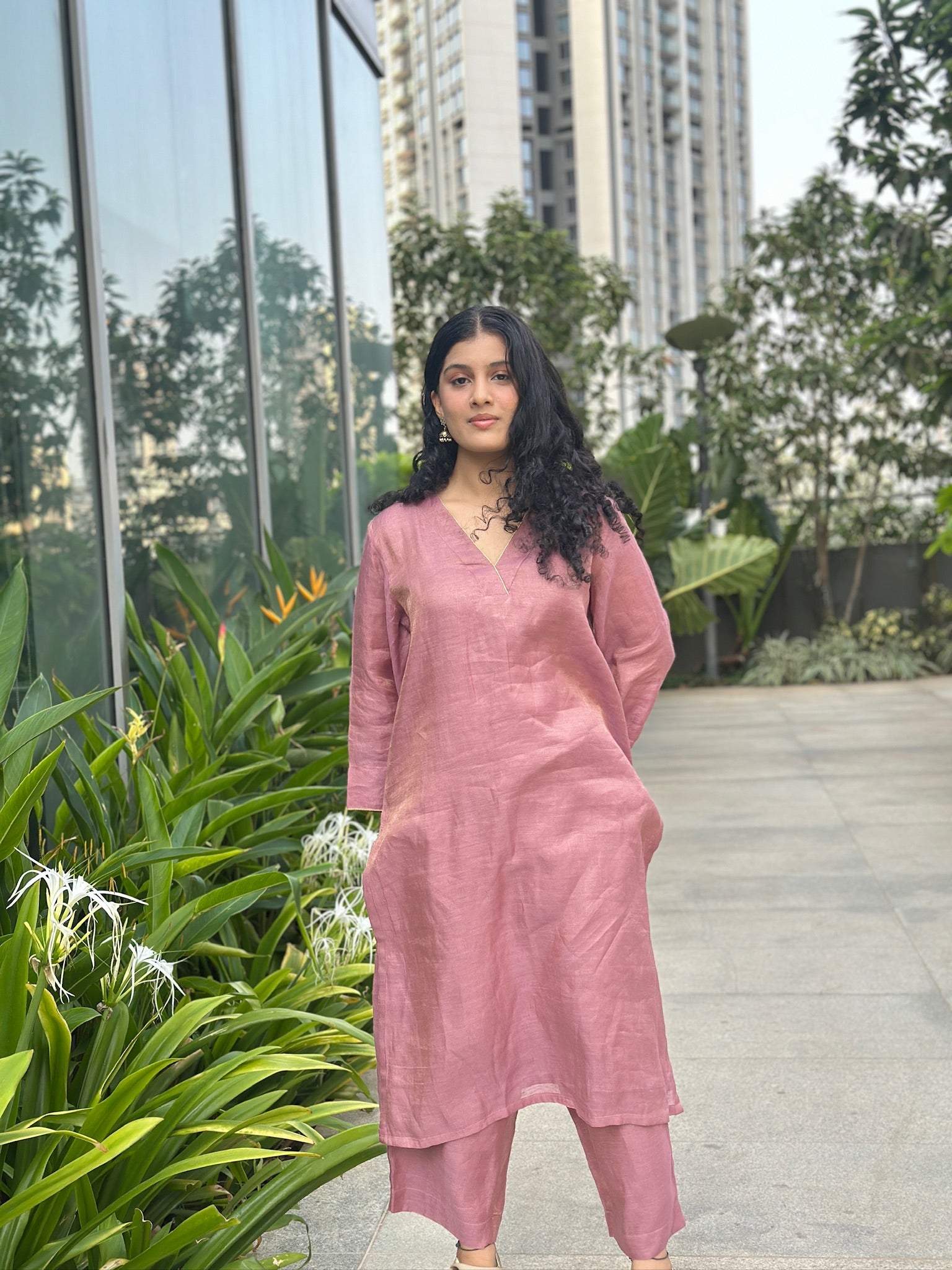 Purple V neck kurti set