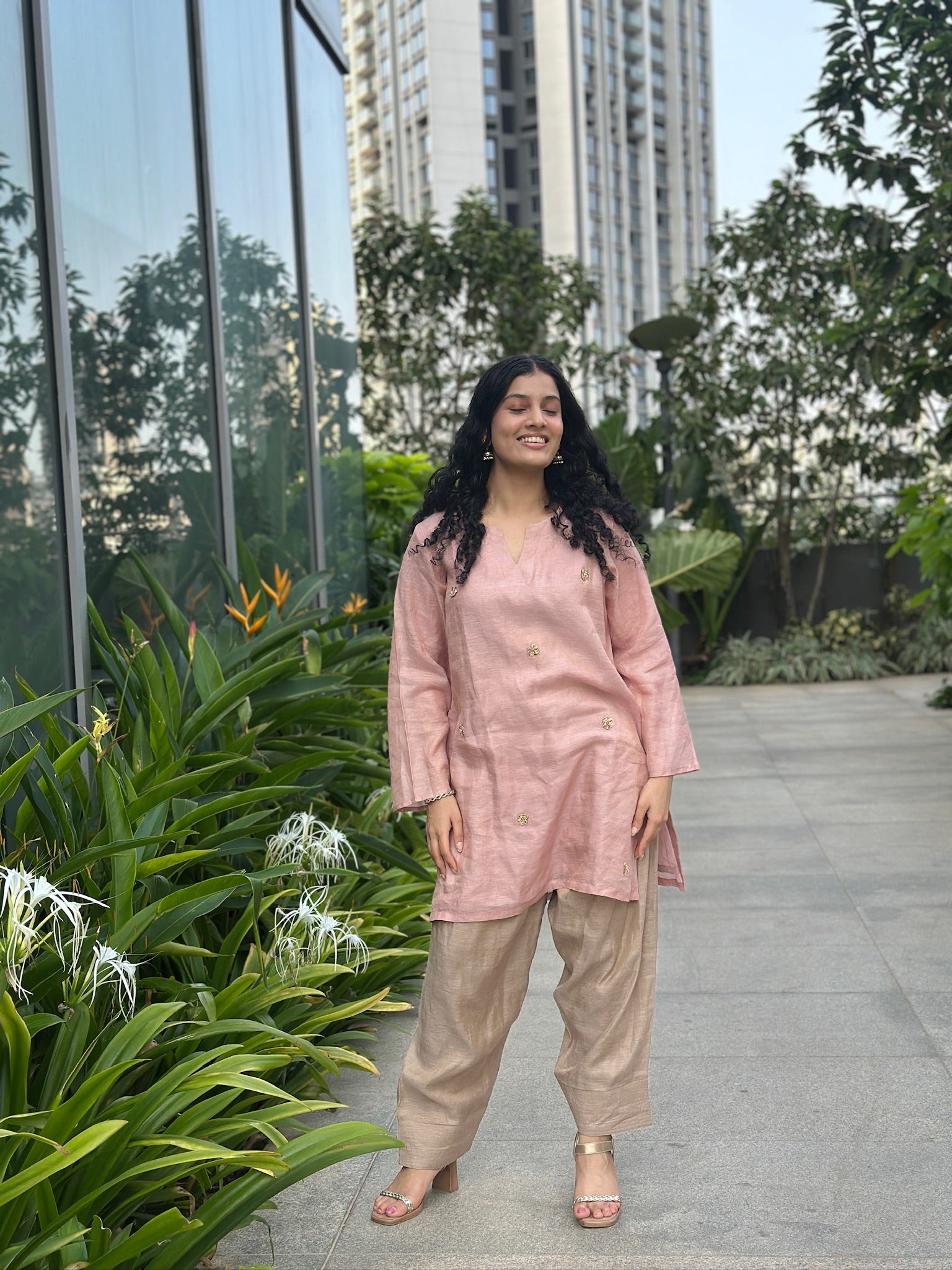 Pink short Kurti and Farshi Salwar Set