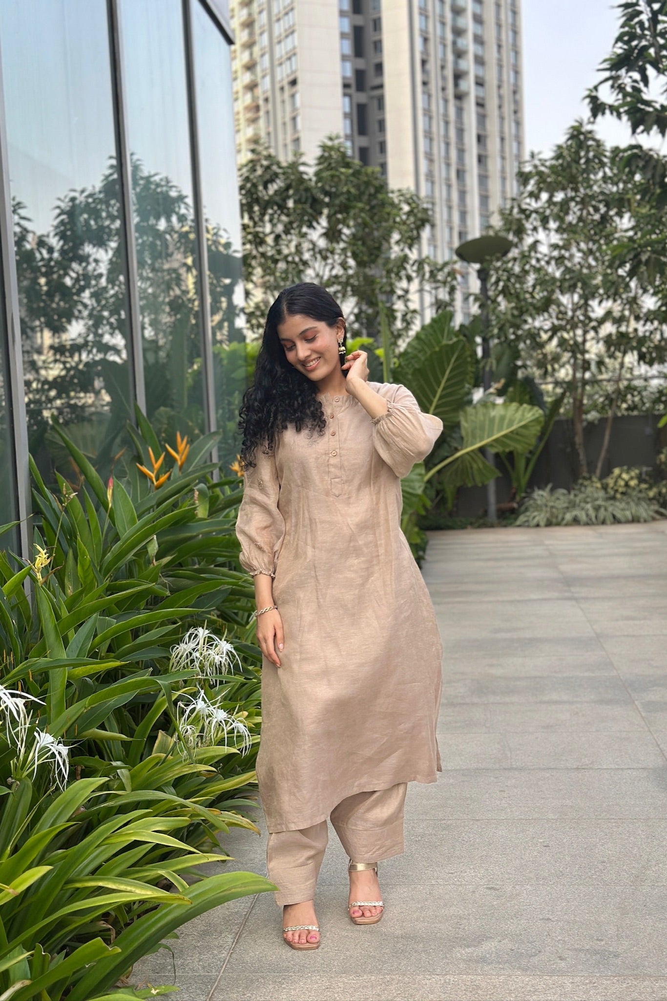 Brown Linen Tissue Kurti and Pant Set