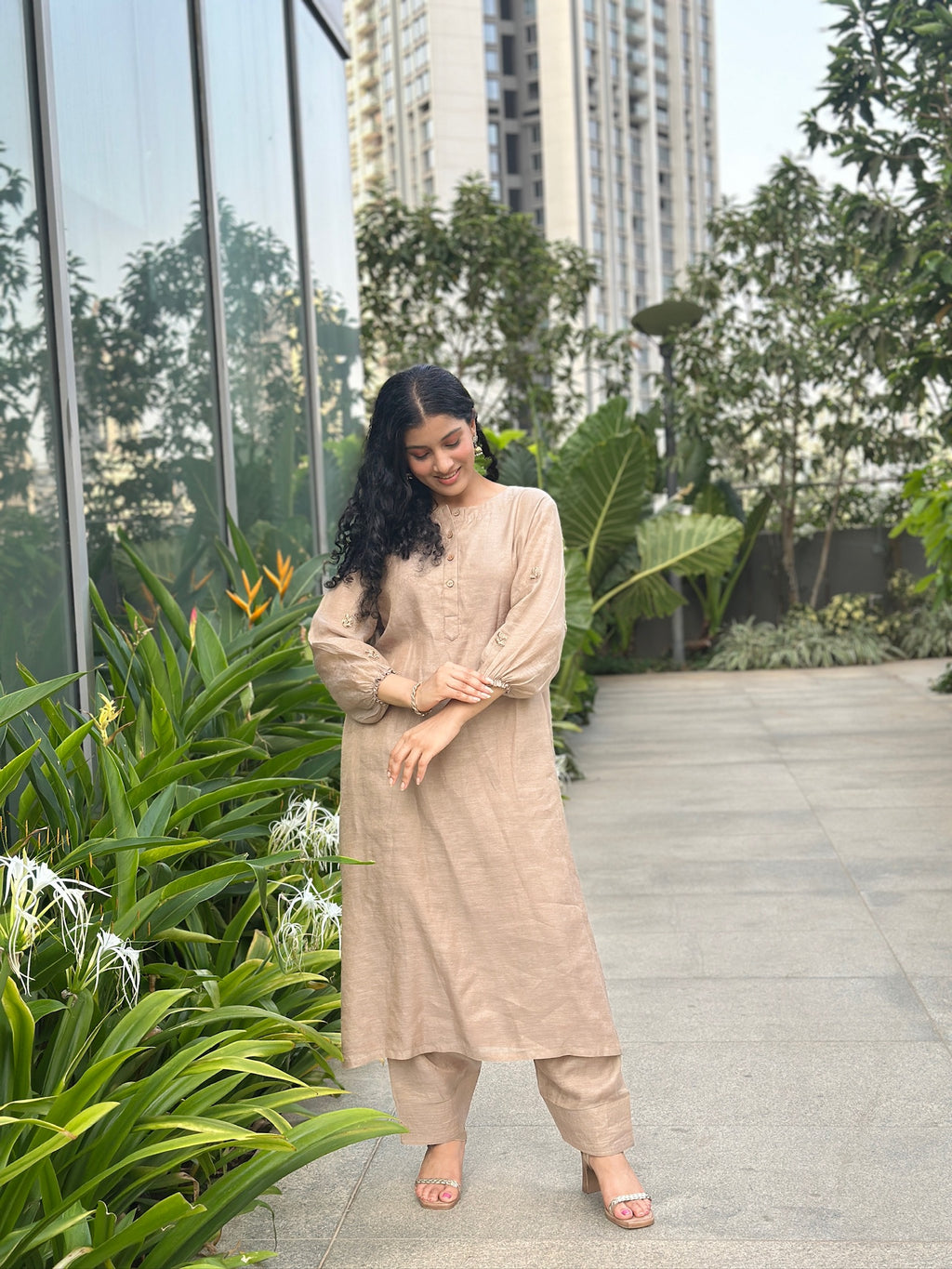Brown Linen Tissue Kurti and Pant Set