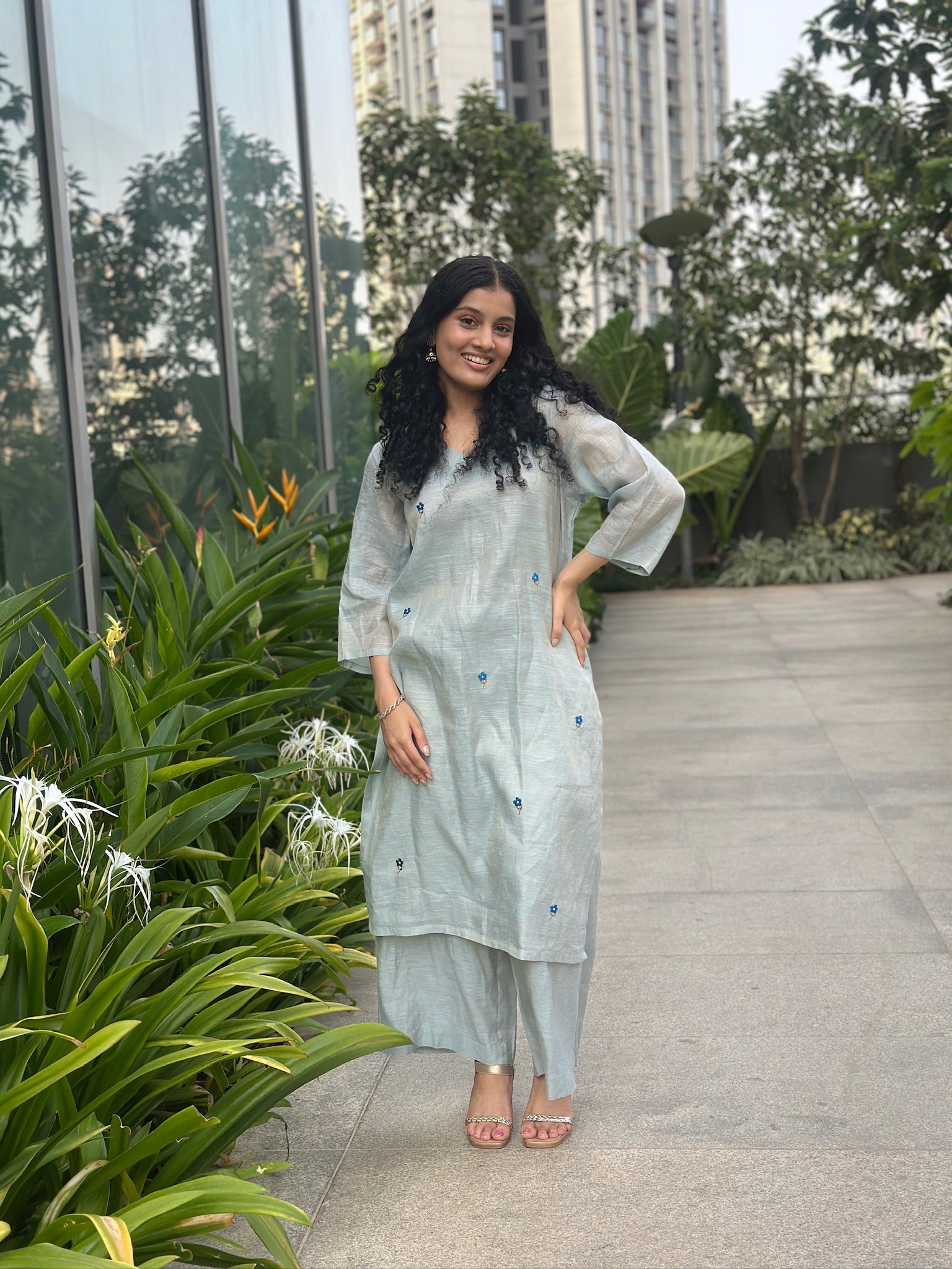 Blue Embroidered Kurti and Pant set