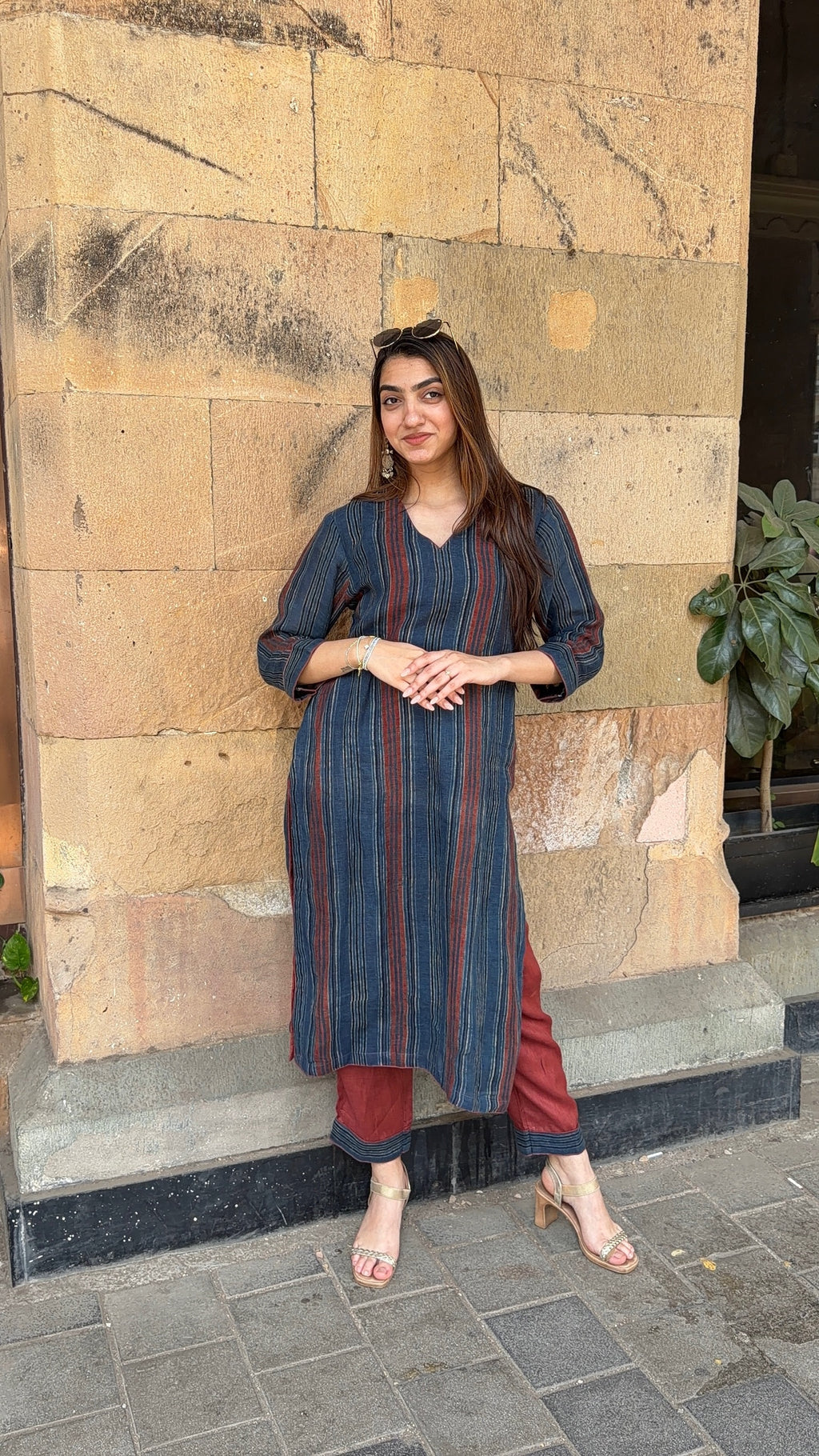 Indigo Maroon Block Linen Set