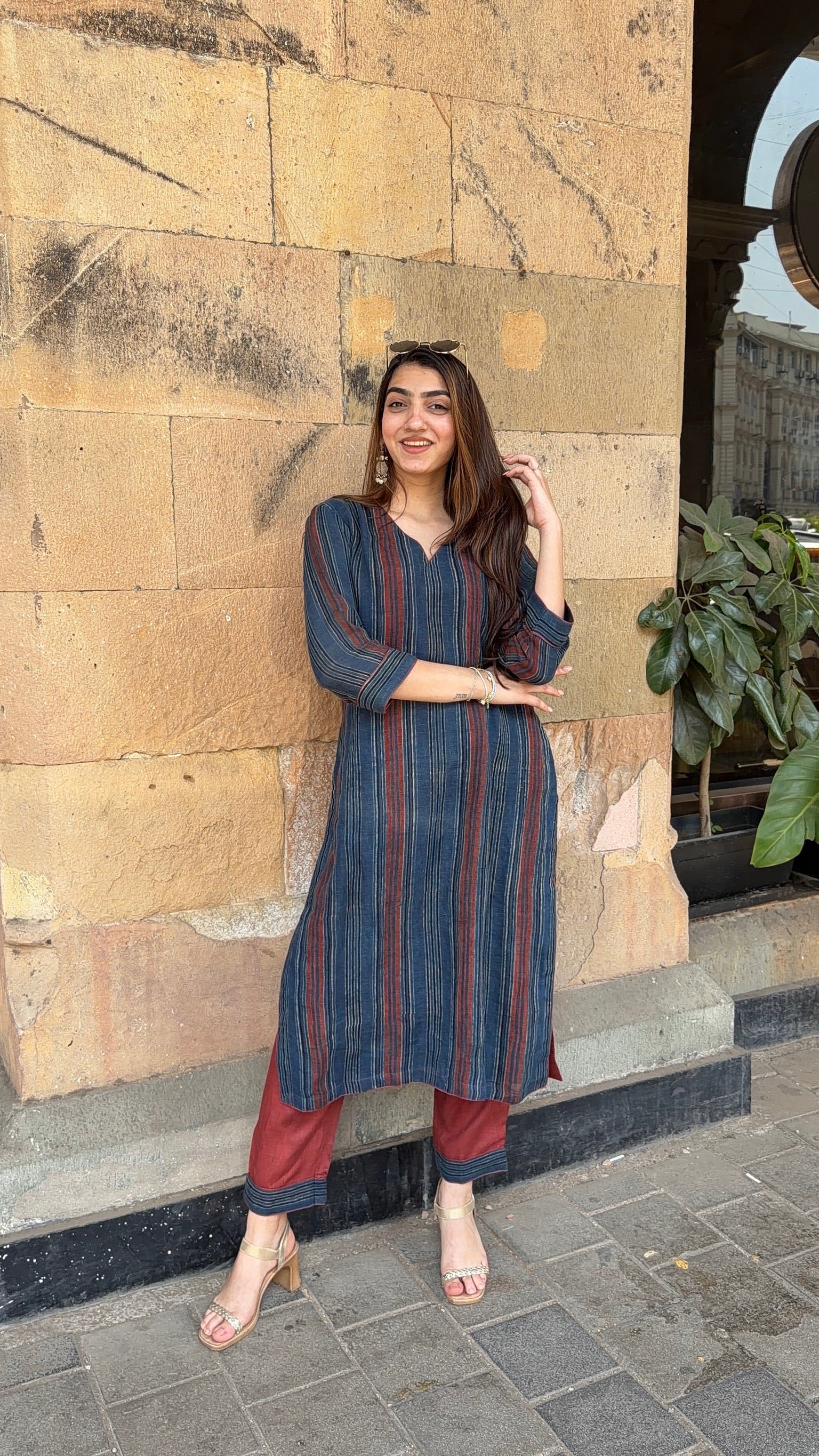 Indigo Maroon Block Linen Set