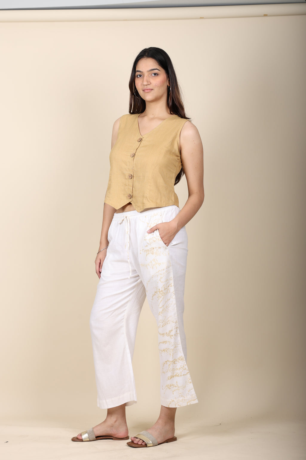 Khaki Vest with Eco Print Cotton Pants