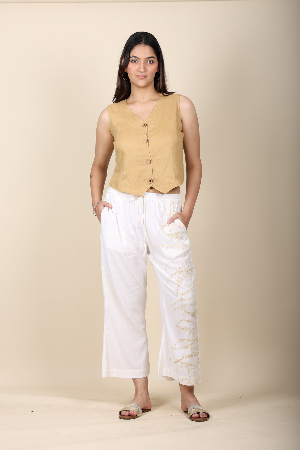 Khaki Vest with Eco Print Cotton Pants
