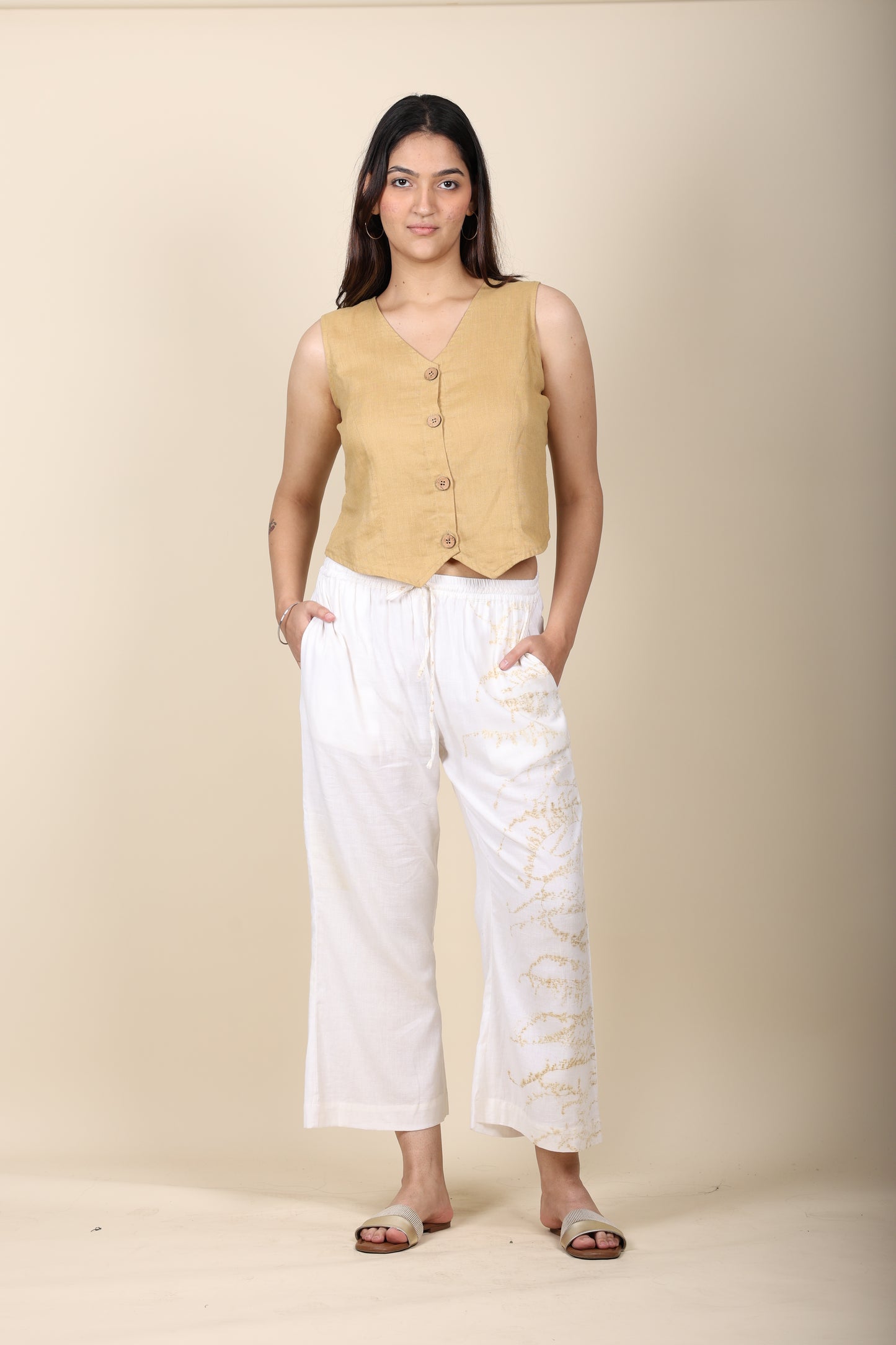 Khaki Vest with Eco Print Cotton Pants