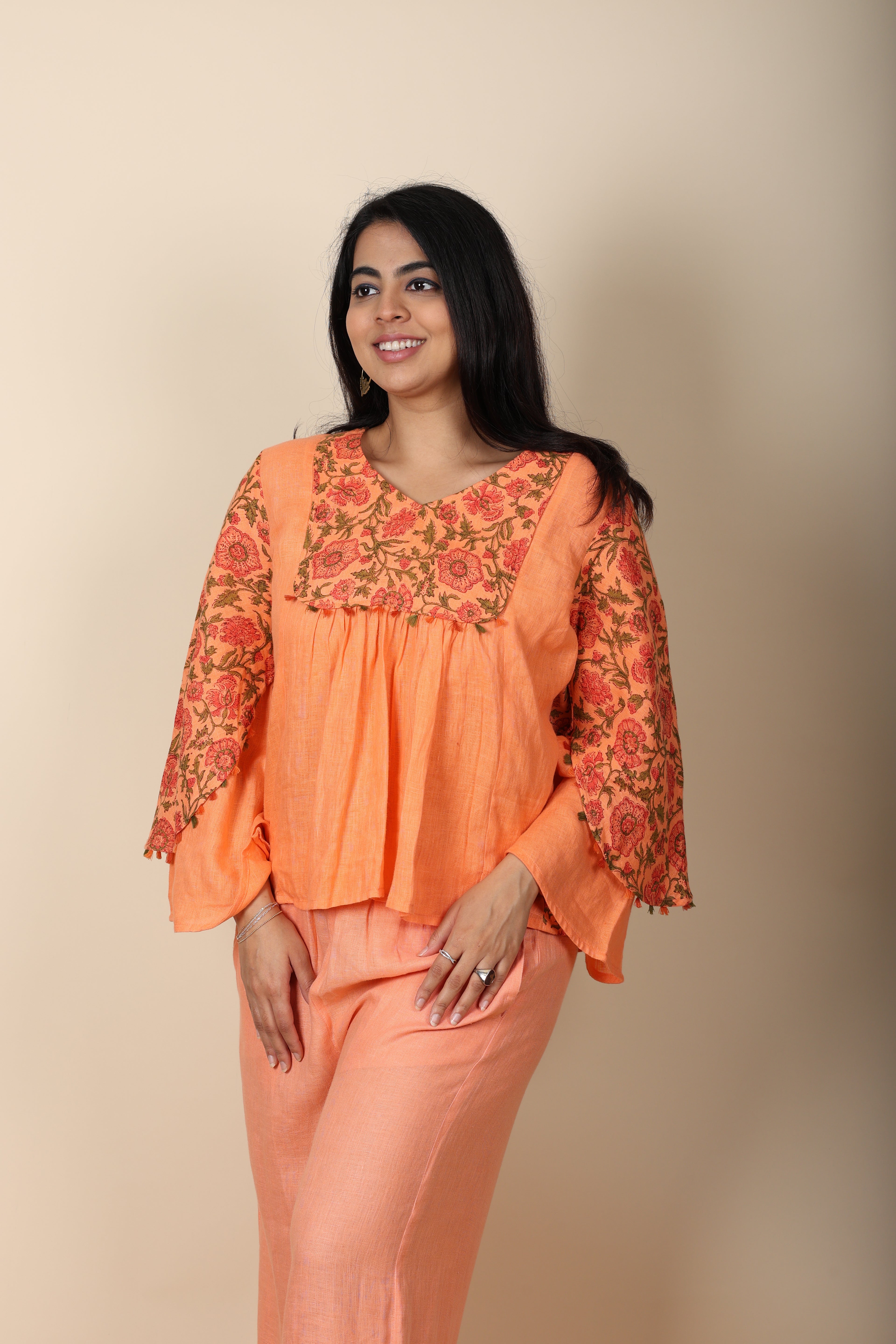 Orange Block Printed Cotton Top