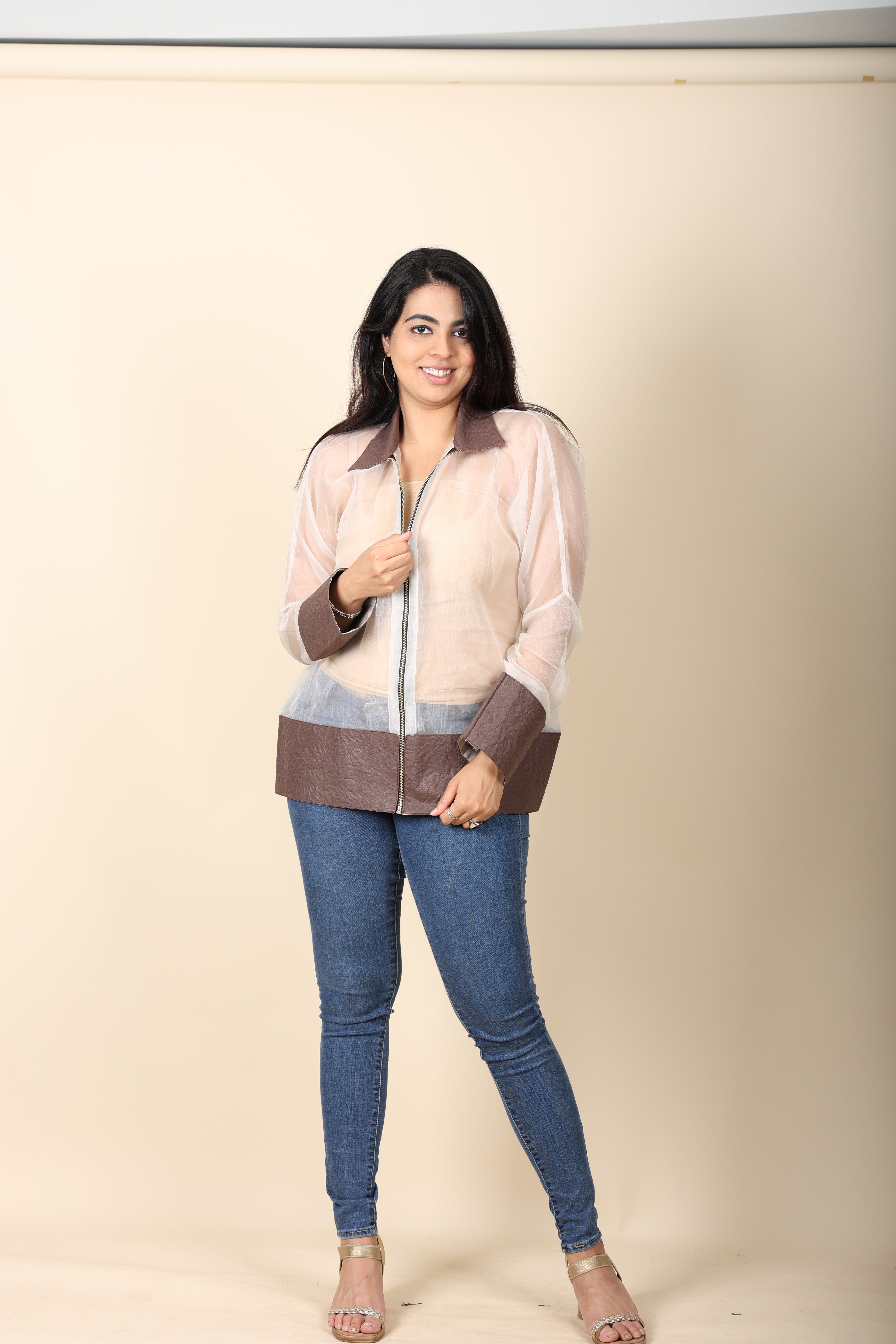 Tomato Red Leather & Organza Bomber Jacket