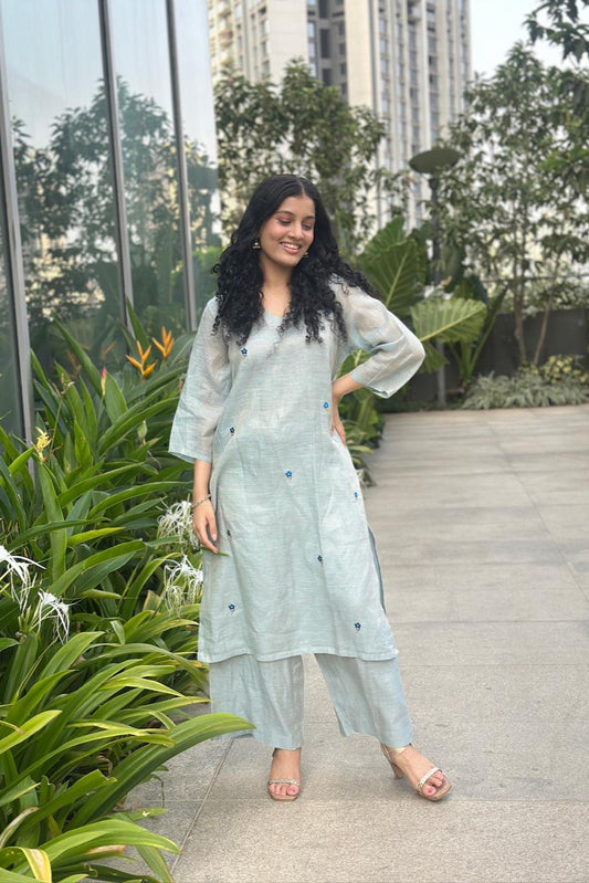 Blue Embroidered Kurti and Pant set