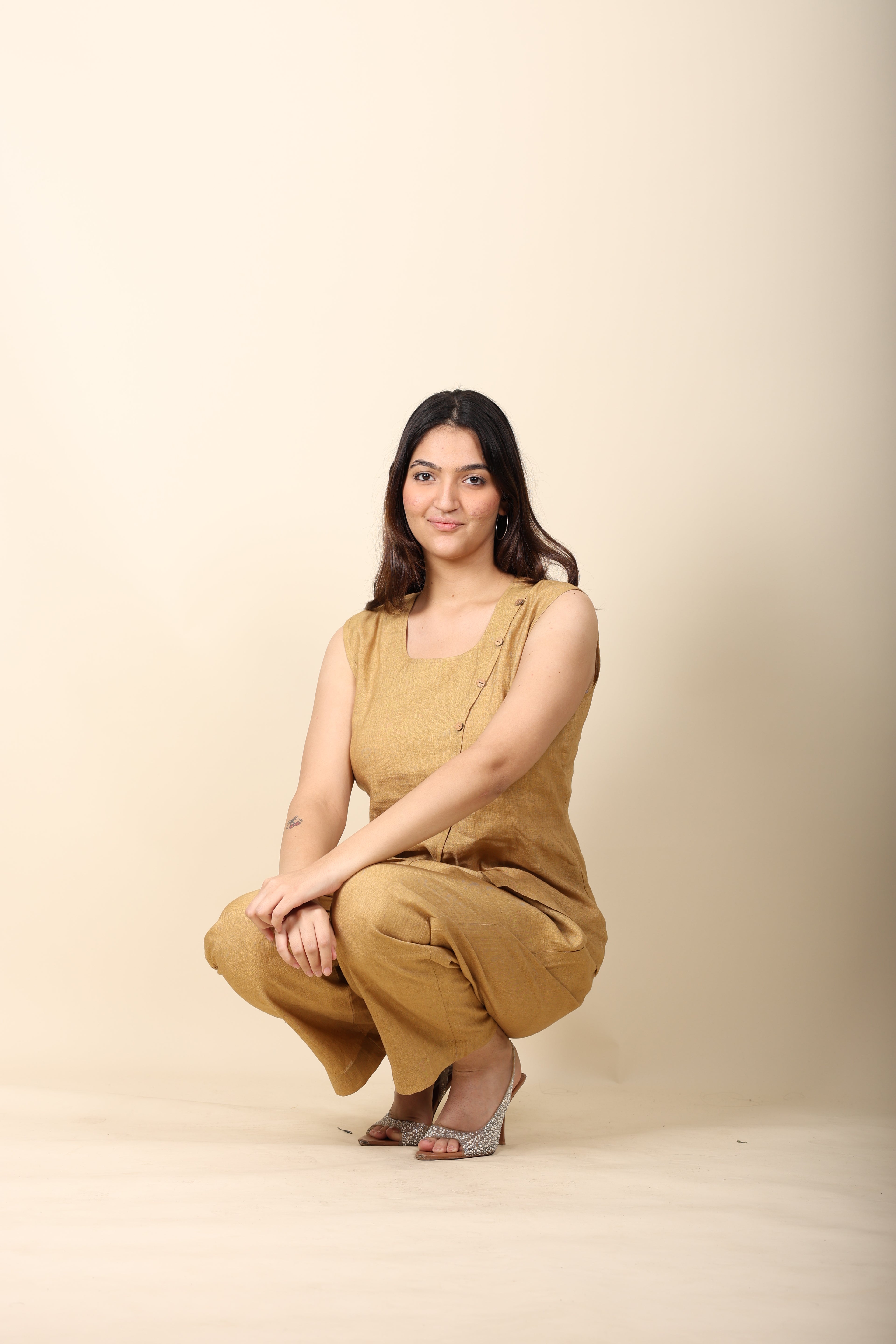 Women’s Beige Linen Sleeveless Co-ord Set