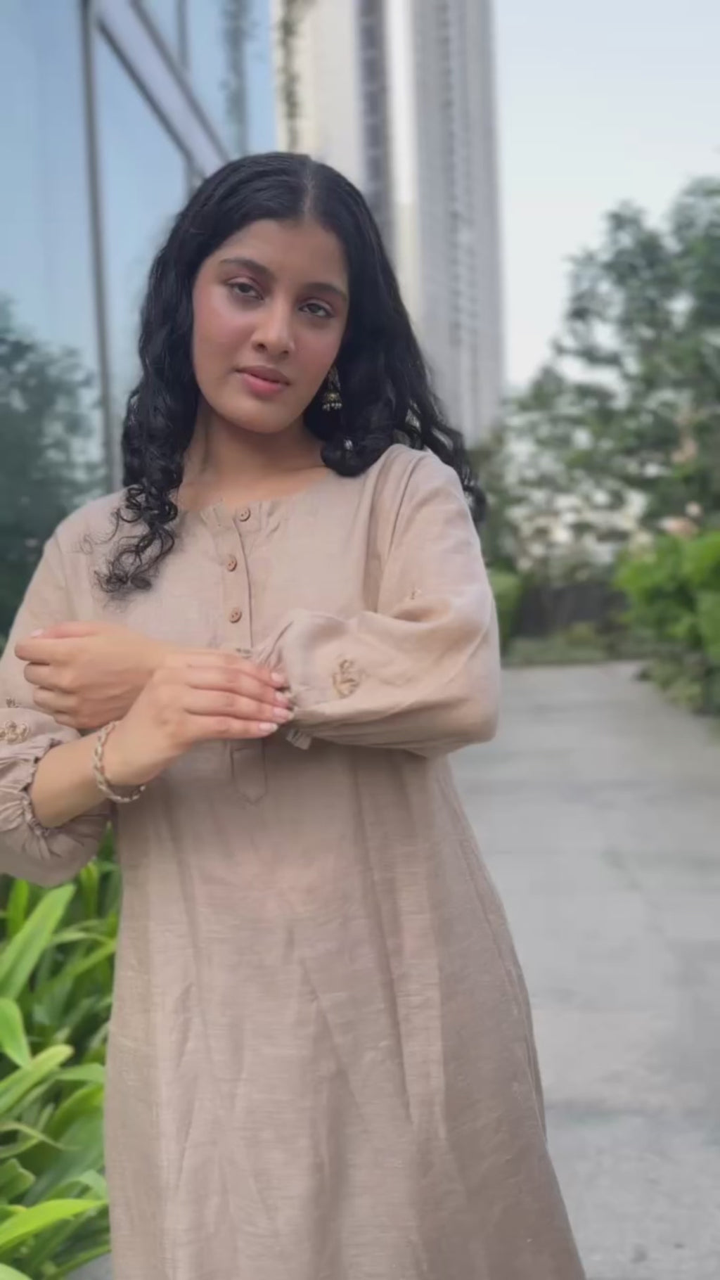 Brown Linen Tissue Kurti and Pant Set