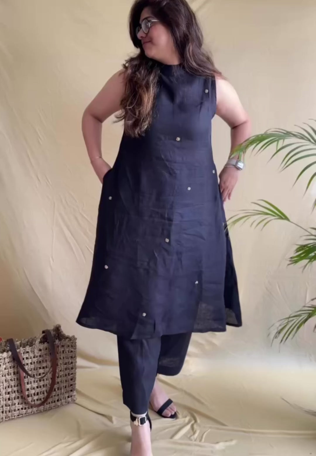 Black Linen Kurti Set with zardosi work